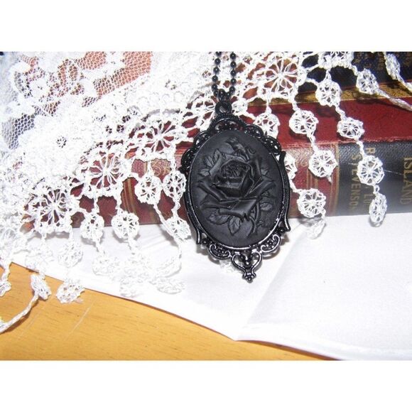 Anniversary gift birthday mom Black Morbid Rose Cameo Necklace Gothic Victorian - Picture 1 of 9